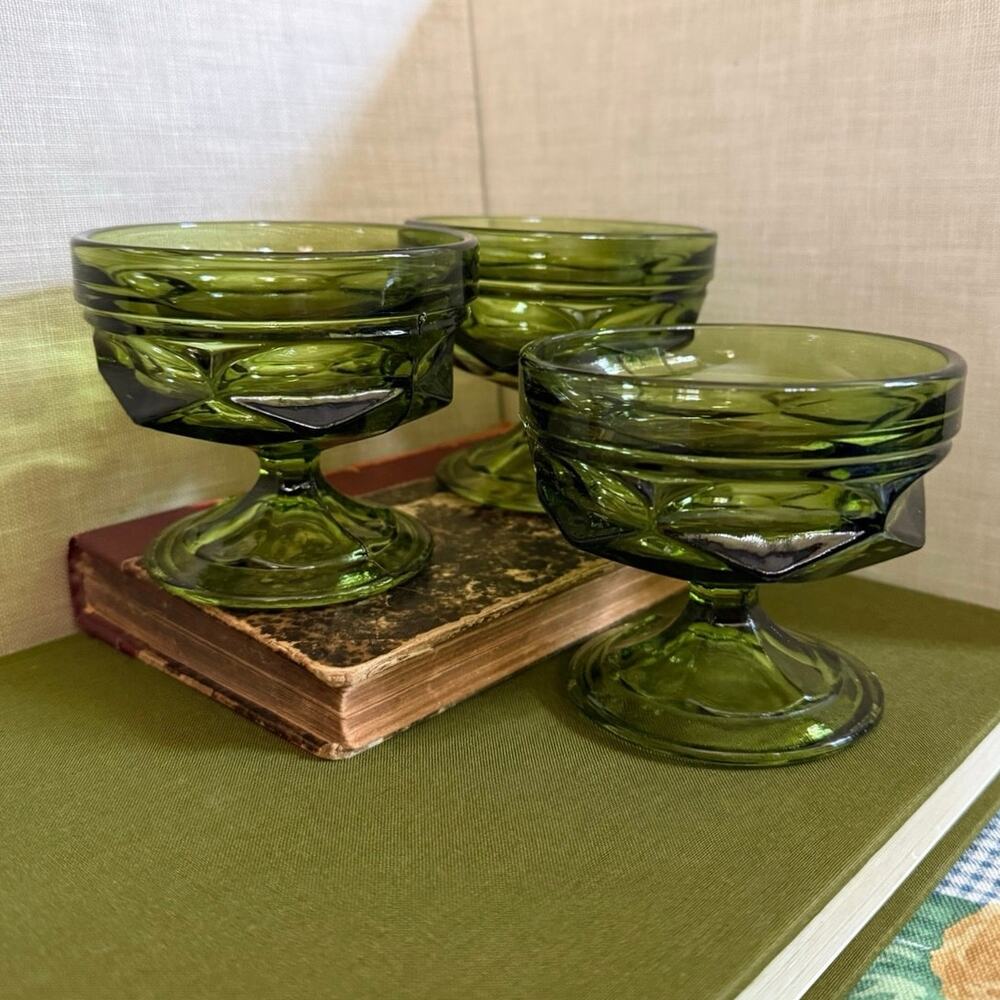 Set of 3 Avocado Green Sherbet Glasses • Mid‑Century